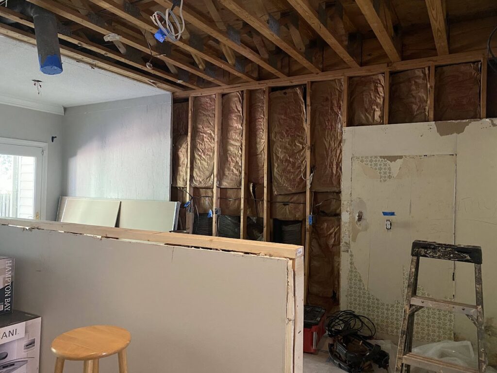 Framing of kitchen wall and island.